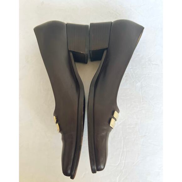 Vintage Gucci Brown Leather Square Toe Gold Plate  Block Low Heel Pumps 6C Wide - Picture 5 of 12